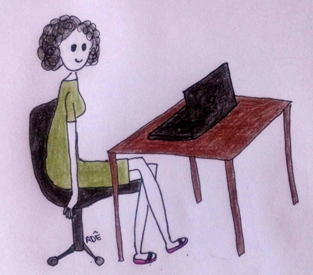 Desenho de uma mulher sentada na frente de um notebook.